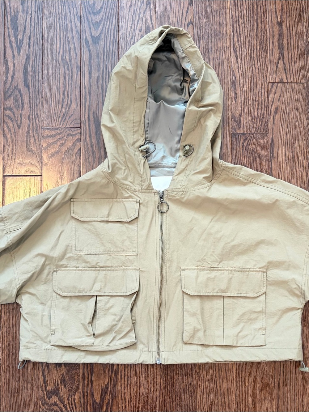OAK + FORT Cropped Hooded Utility Jacket in Khaki